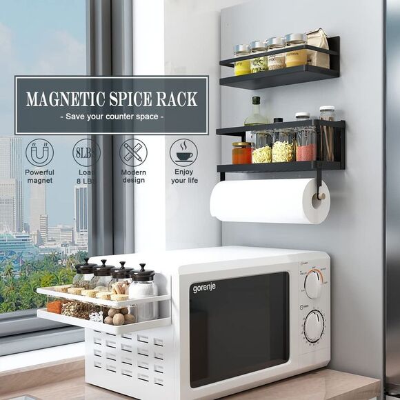 Magnetic Paper Towel Holder, 2-In-1 Magnetic Spice Rack with Hooks,Wall Mount Sh - Picture 6 of 12